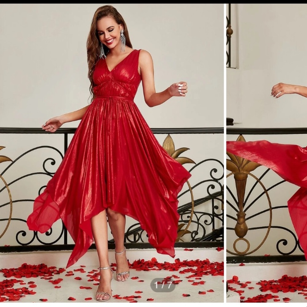 New Never Worn Metallic Red Hanky Hem Dress